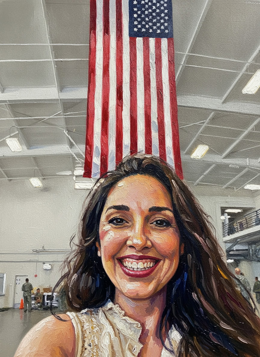 Roz Price at a community gathering beneath an American flag
